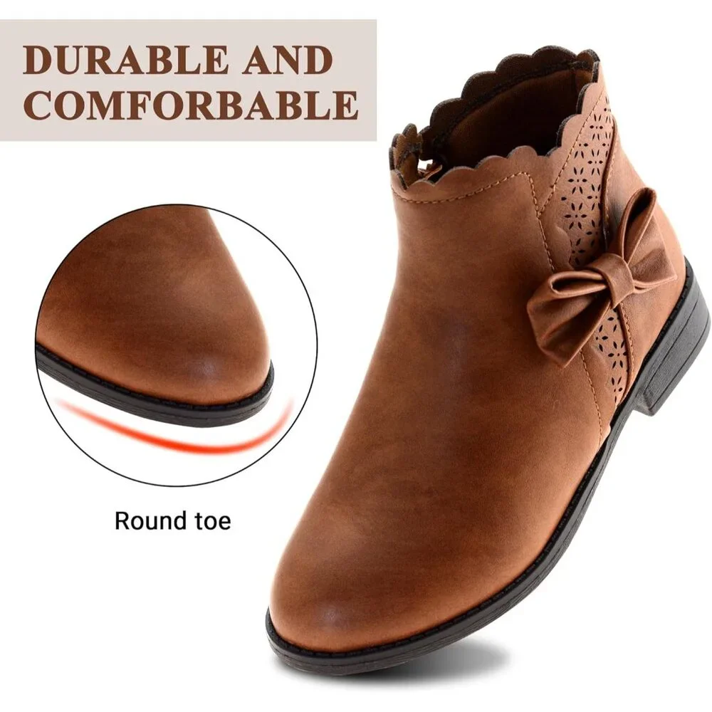 🆕Girls‎ Brown a Polyurethane Ankle Bow Side Zipper Outdoor Warm Low Heel Boot